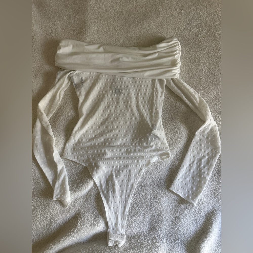 Forever 21 white clip-dot fold over off the shoulder long sleeve thong bodysuit
